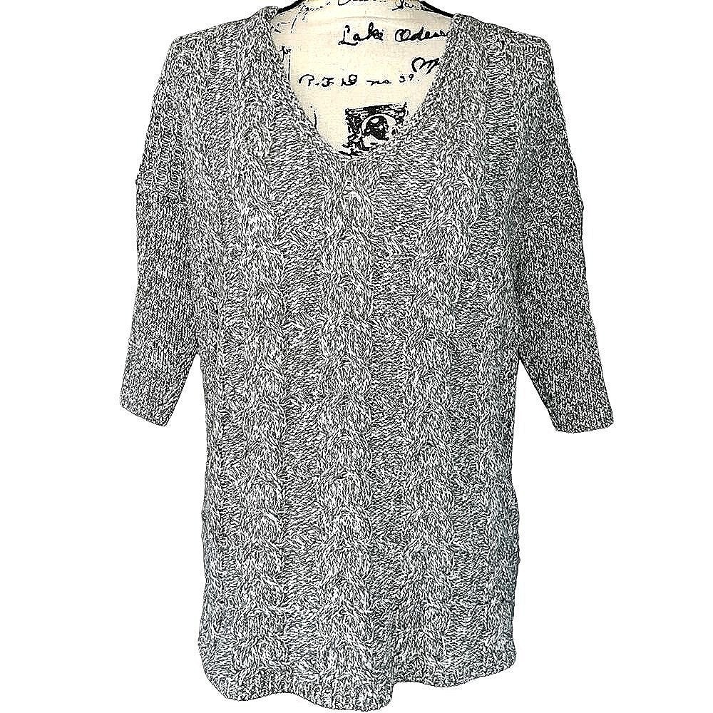 Express Womens Grey Marled Cable Knit V-Neck Elbow Sleeve Sweater Size M